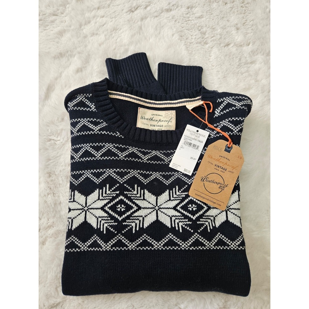 Weatherproof Vintage The Holiday Sweater Mens L Navy Blue Fair Isle Cotton NWT